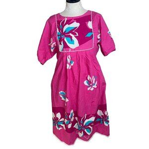 Malama Vintage Womens Dress Size 10 Pink Floral Midi Short Sleeve Pure Cotton